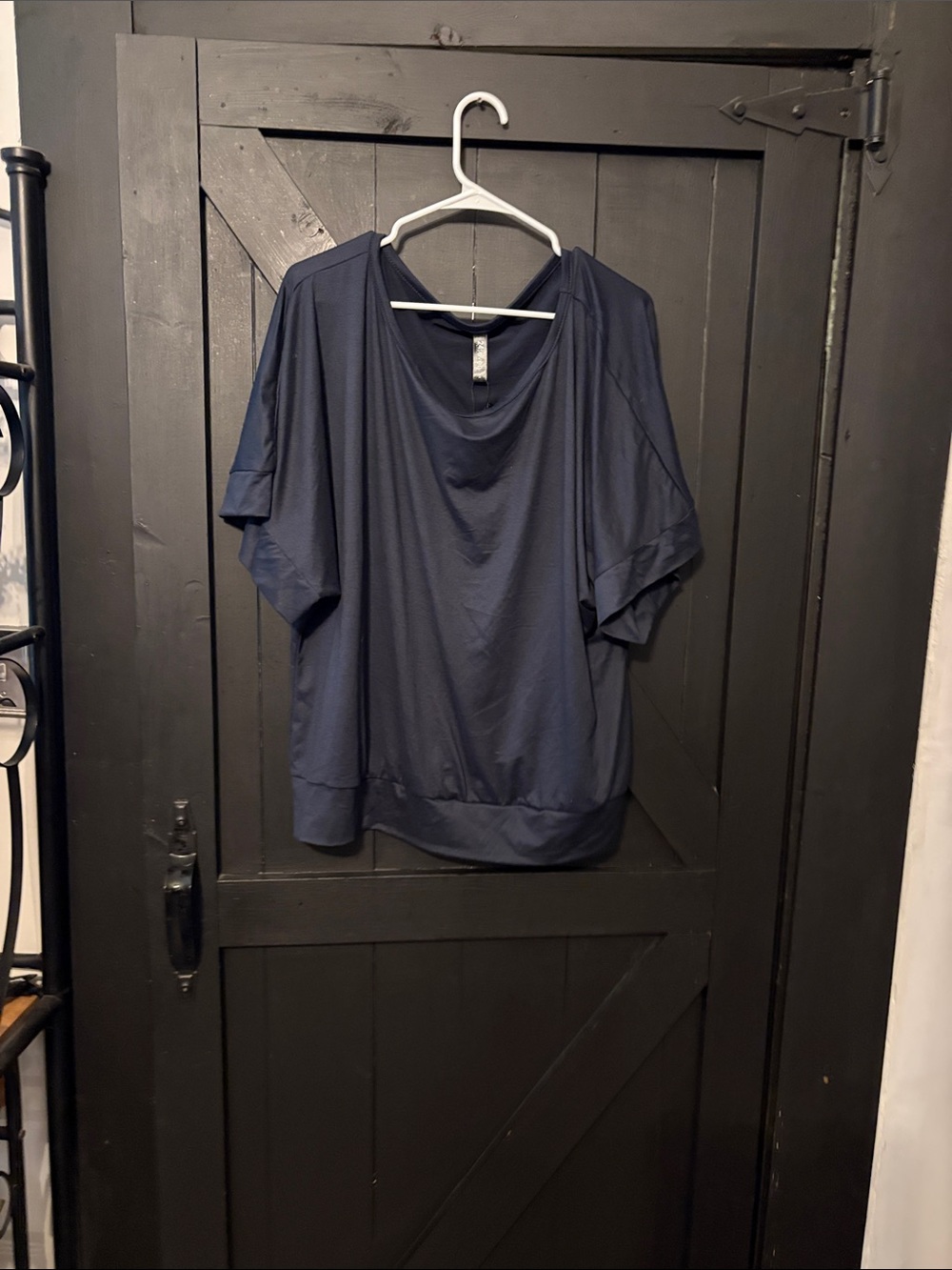Relaxed Navy Short-Sleeve Tunic with Draped Neckline